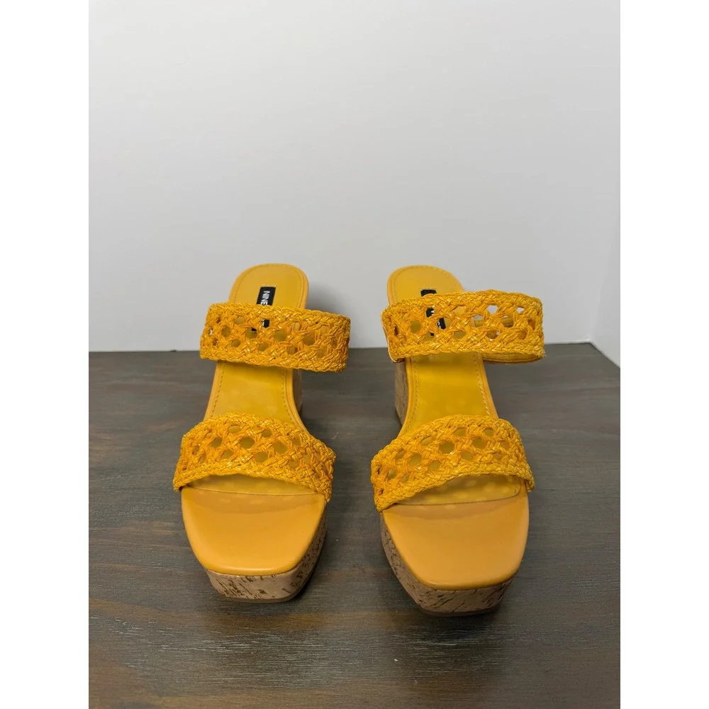 Nine West Kalani‎ Yellow Woven Cork Platform Wedge Sandals Size 8.5 New
